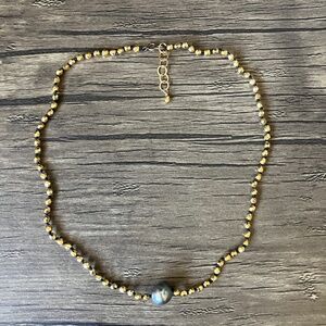 Vintage gold tone faceted beads and gray faux pearl baroque necklace